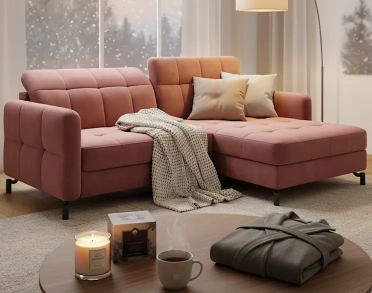 Narożnik Lorelle w tkaninie Kronos 29 w różowym kolorze z szezlongiem i pikowanym siedziskiem. W salonie stoi przy oknie, obok lampy podłogowej, a na stoliku kawowym widać świecę, kubek i koc.