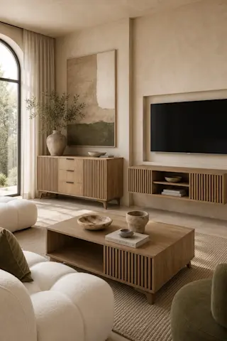 Komoda Entsian, stolik kawowy Entsian oraz wisząca szafka RTV Entsian w nowoczesnym salonie inspirowanym stylem japandi. Naturalny dekor drewna, pionowe lamele oraz stonowana kolorystyka tworzą elegancką i harmonijną przestrzeń wypoczynkową.