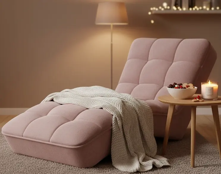 Tapicerowany szezlong Gojo 101 w pudrowym różu z pikowanym siedziskiem, ustawiony w przytulnym wnętrzu. Obok znajduje się drewniany stolik z miską przekąsek i zapaloną świecą, a w tle stoi lampa podłogowa.