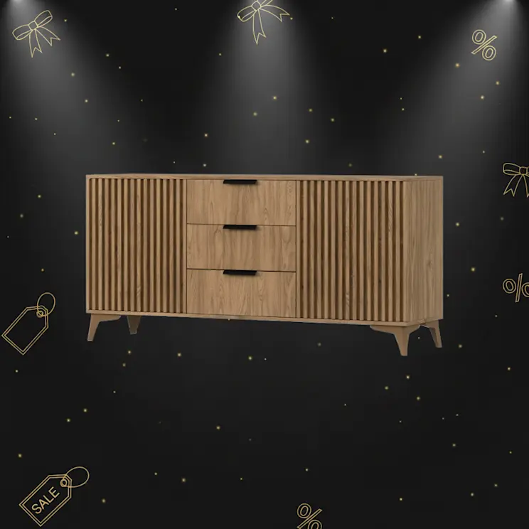 Komoda Entsian z lamelowymi frontami i trzema szufladami, w eleganckim stylu