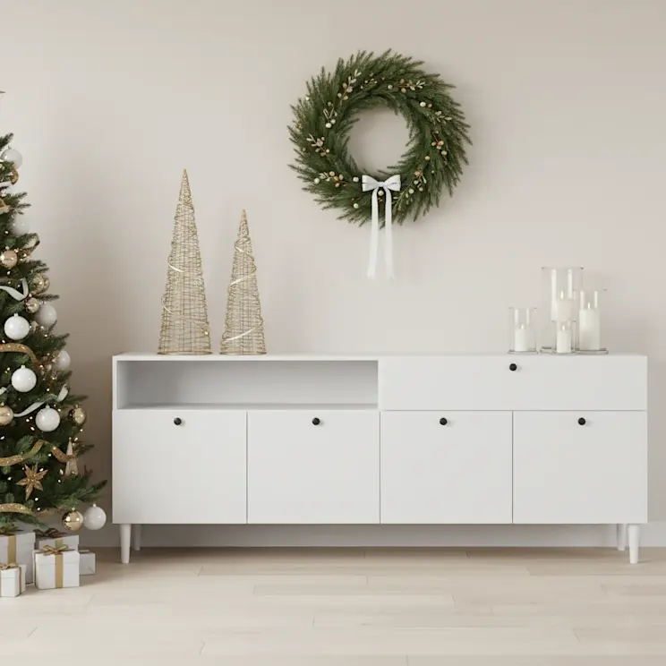 Biała komoda Dullum w minimalistycznym salonie ze świątecznymi dekoracjami. Jasne wnętrze z wieńcem i choinką tworzy spokojny klimat.