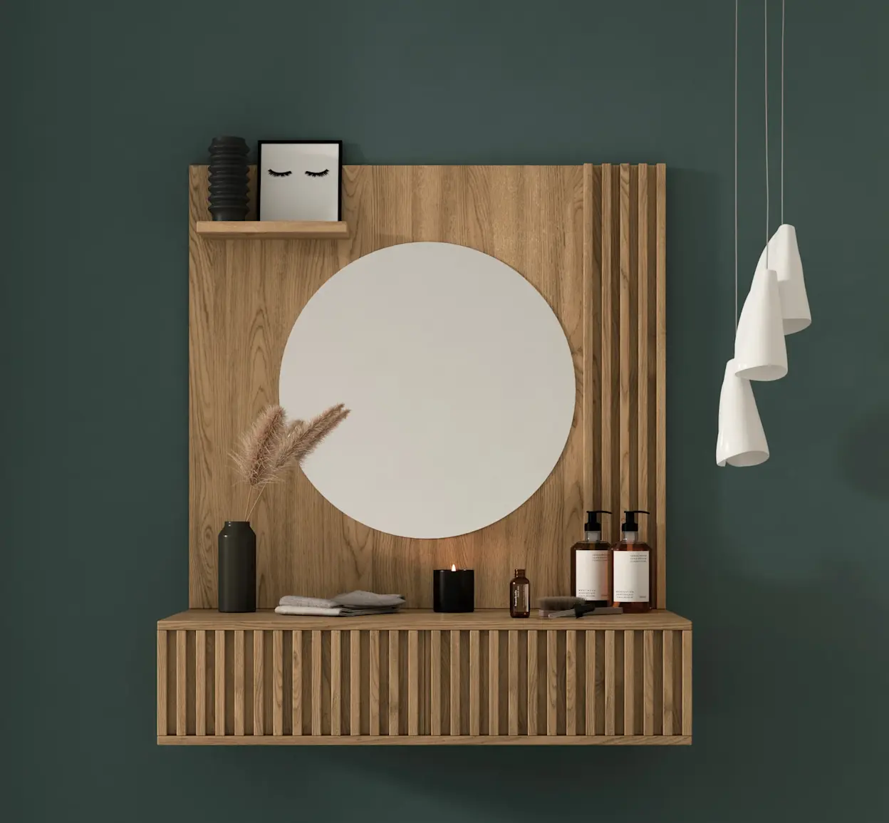 Drewniana toaletka Entsian z lamelowym frontem i dużym okrągłym lustrem, stworzona do stylowej aranżacji w spokojnych, zielonych tonach.