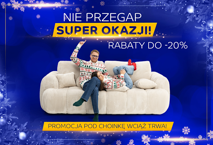 Baner ELTAP – Promocja Pod Choinkę: rabaty do -20% na wybrane meble, para na jasnej sofie na świątecznym, zimowym tle.