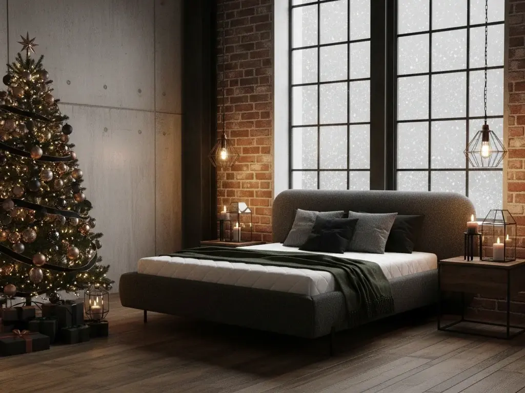 Stylowe łóżko Pointt w tkaninie Breona 04, ustawione w industrialnej sypialni z dekoracjami świątecznymi, świecami i choinką, pełne nastroju.
