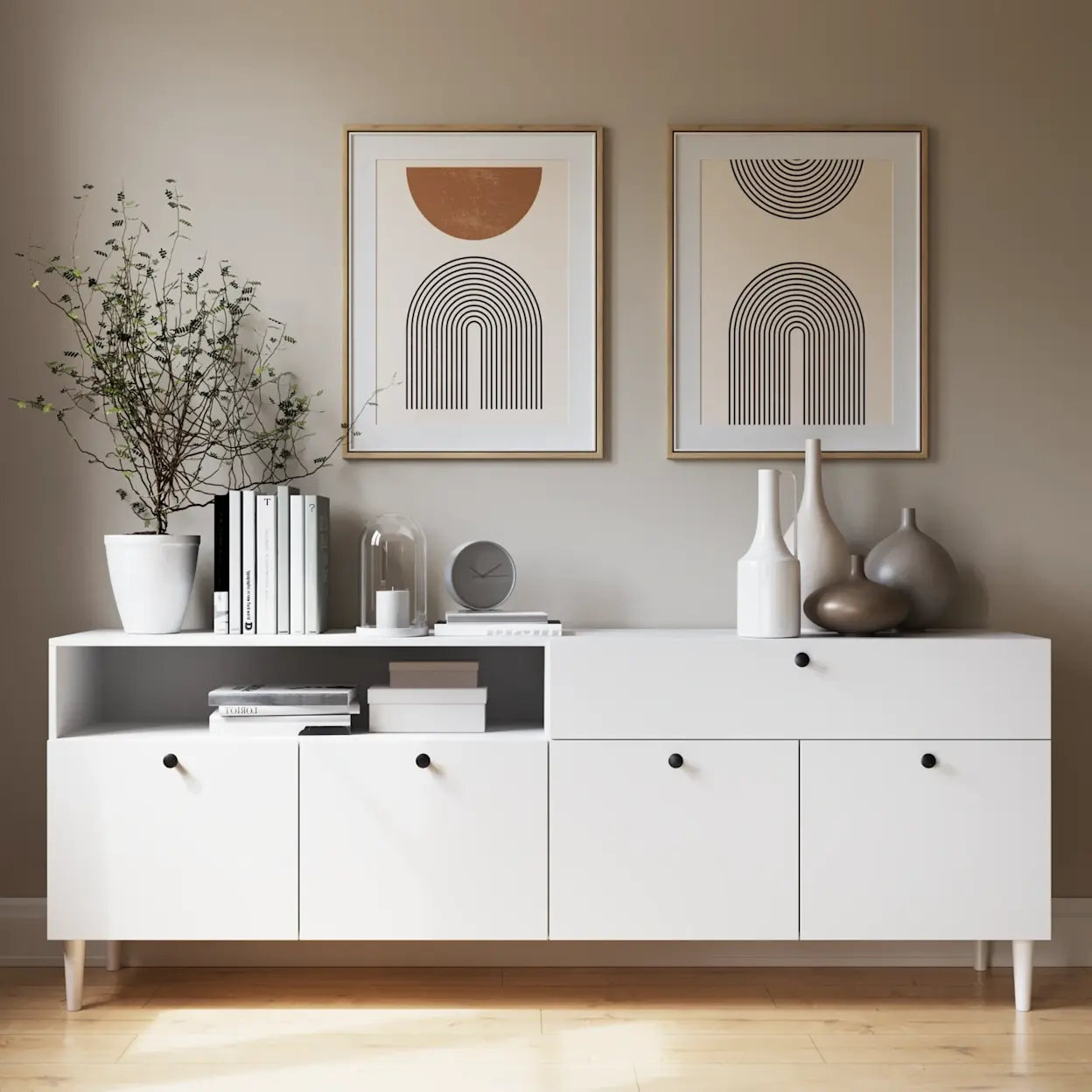 Nowoczesna komoda Dullum w bieli, ustawiona w jasnym wnętrzu z grafikami i eleganckimi ozdobami, dodająca pomieszczeniu świeżości.