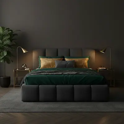 Antracytowe łóżko Edvige w tkaninie Sawana 05 to nowoczesne łóżko tapicerowane z wysokim zagłówkiem i miękkim wykończeniem, które tworzy elegancką i przytulną przestrzeń do komfortowego snu.