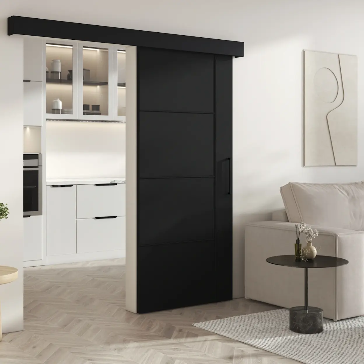 Czarne, matowe drzwi przesuwne Crestina na prowadnicy, oddzielające salon od jasnej kuchni. Minimalistyczny design w stylu loft podkreśla kontrast kolorów i oszczędza miejsce w nowoczesnym wnętrzu.