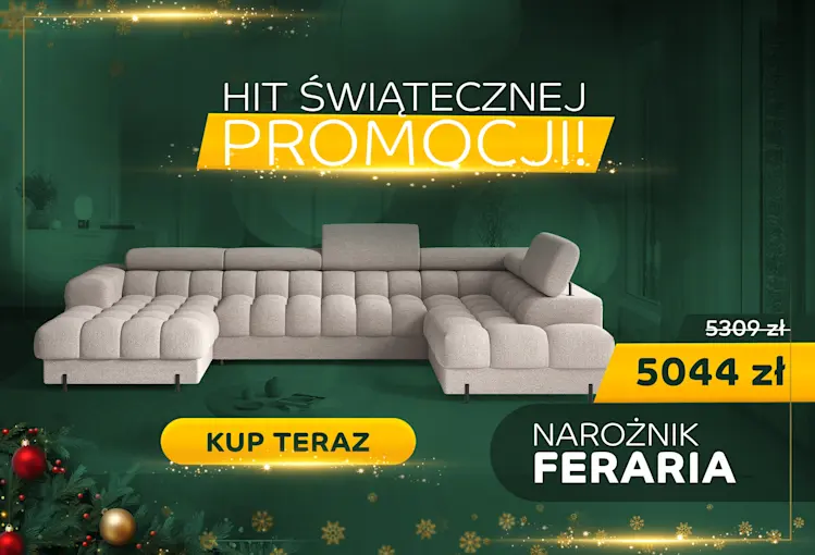 Baner świątecznej promocji ELTAP – narożnik Feraria w jasnej tapicerce, cena promocyjna 5044 zł (z 5309 zł) oraz przycisk „Kup teraz”.