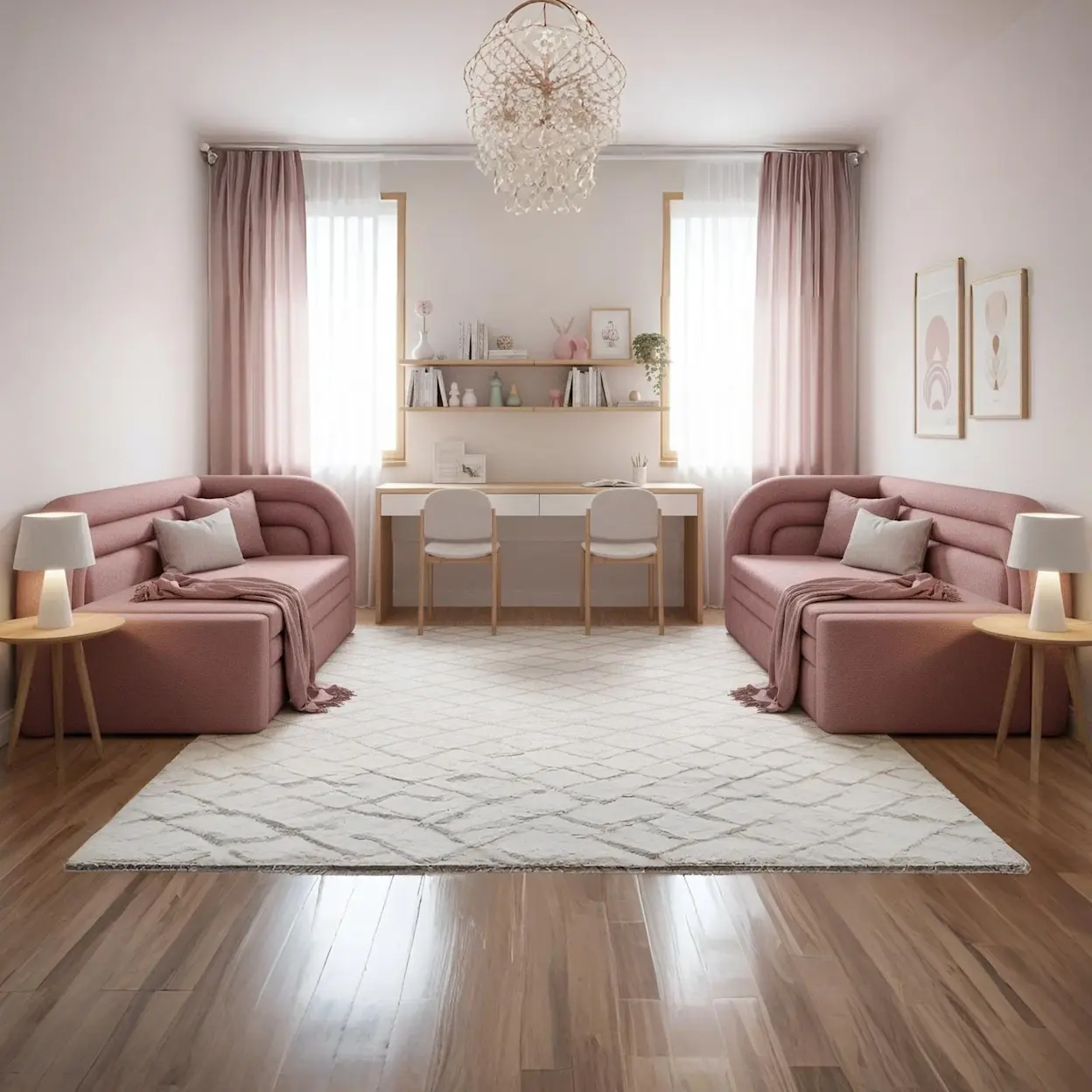 Kanapa Fabillo lewa i prawa w tkaninie Touch 24 w jasnym, dziewczęcym pokoju z różowymi dodatkami, biurkiem i dekoracjami w pastelowych odcieniach.