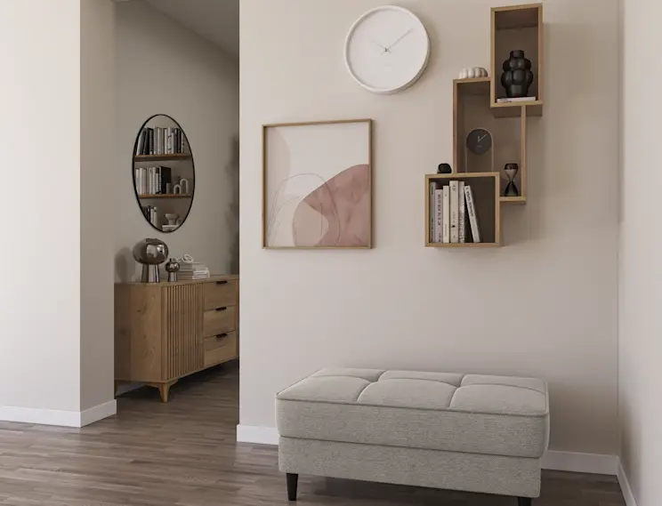 Nowoczesna przestrzeń z półką Alitty, pufą Bellis i komodą Entsian, zestawionymi tak, by dodać wnętrzu funkcjonalności i delikatnej elegancji.