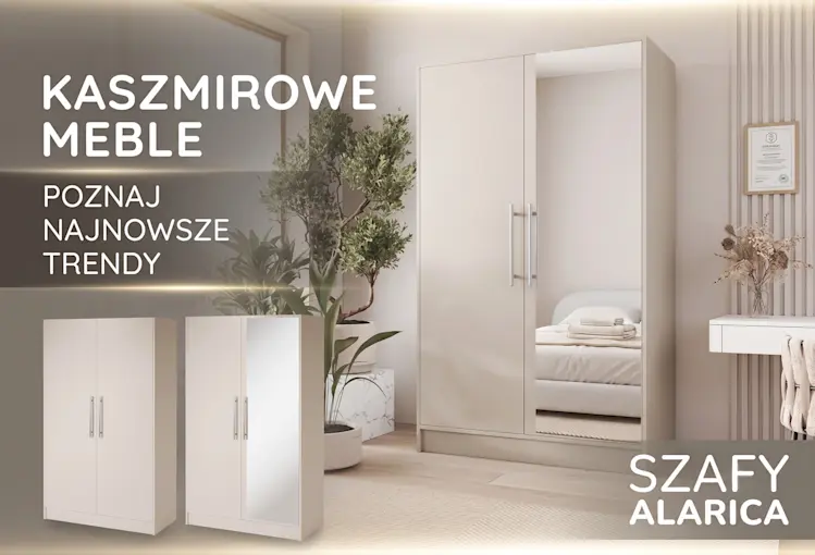 Grafika promocyjna prezentująca szafy Alarica w modnym kaszmirowym odcieniu. Na zdjęciu widoczna jest pojemna szafa z lustrem oraz mniejsze modele, które doskonale sprawdzą się w nowoczesnej sypialni, garderobie lub pokoju młodzieżowym.