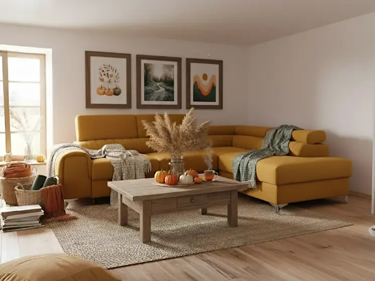 Musztardowy narożnik Laurence w jesiennej aranżacji salonu - przytulny mebel miesiąca w ELTAP