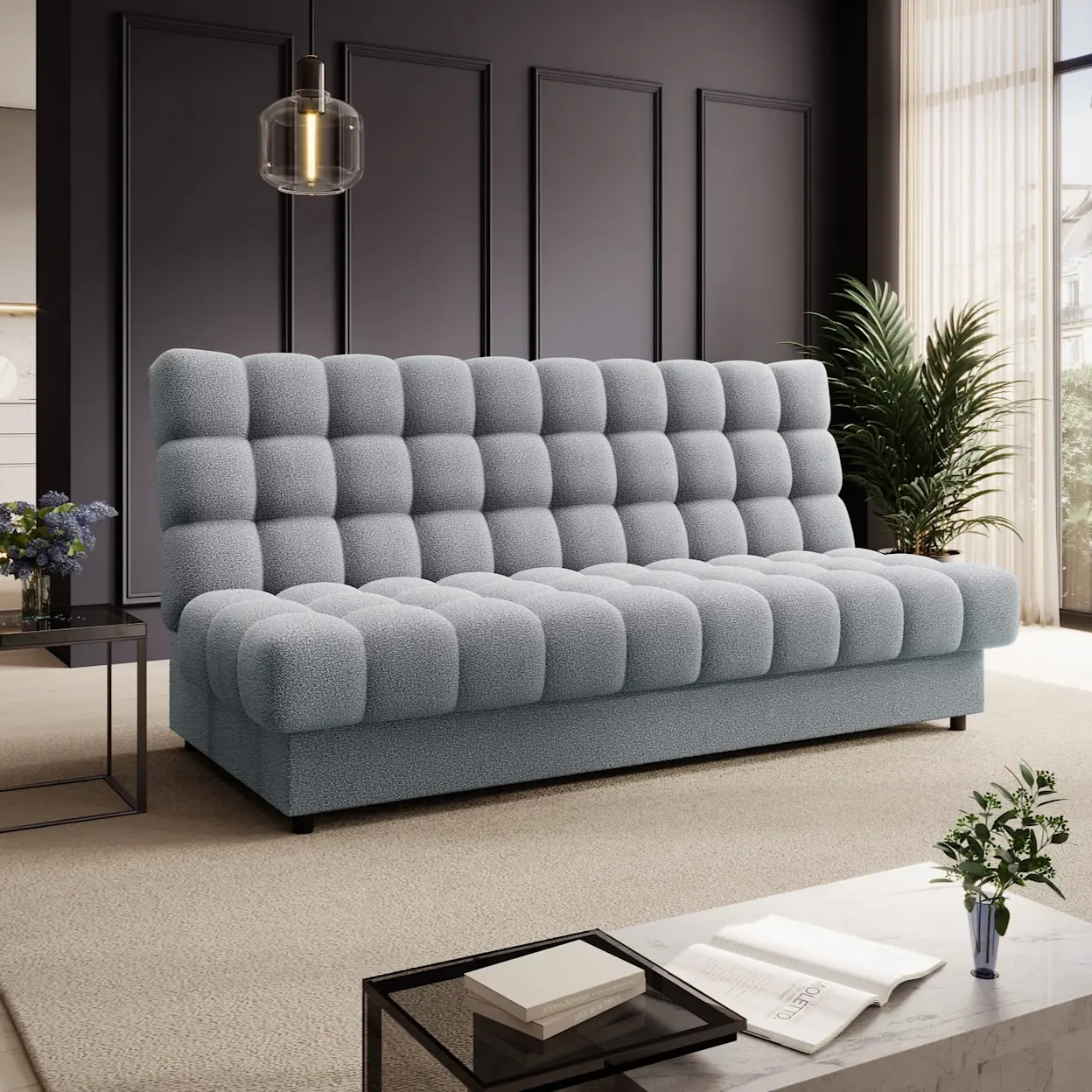 Nowoczesna wersalka Clareta w tkaninie Xillar 04 w kolorze szarym, ustawiona w eleganckim salonie. Pikowane oparcie i siedzisko nadają jej stylowy wygląd, a prosta forma pasuje do wnętrz nowoczesnych i loftowych.