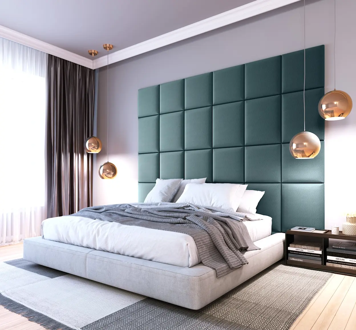 Zestaw tapicerowanych paneli Quadratta SET-QUA-76MO 240x180 w kolorze butelkowej zieleni na ścianie w eleganckiej sypialni z łóżkiem.