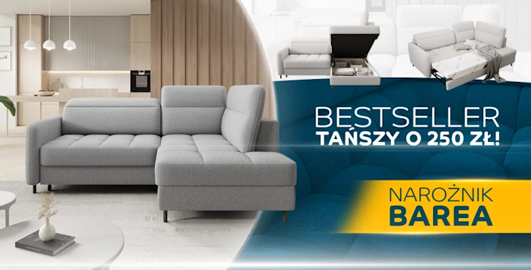 Baner promocyjny ELTAP – narożnik Barea w jasnym salonie, bestseller tańszy o 250 zł, grafika prezentuje funkcję przechowywania i funkcję spania.