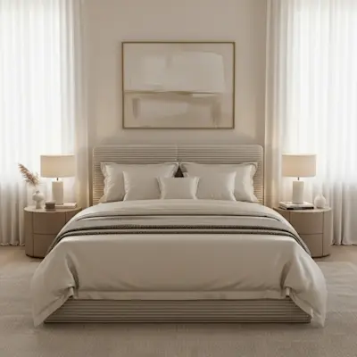 Jasna, spokojna sypialnia z łóżkiem Pesillo II Modullo 01 i ryflowanym zagłówkiem w odcieniu beżu. Biała pościel, symetryczne szafki nocne z lampami oraz delikatny obraz nad łóżkiem tworzą elegancki, hotelowy klimat.