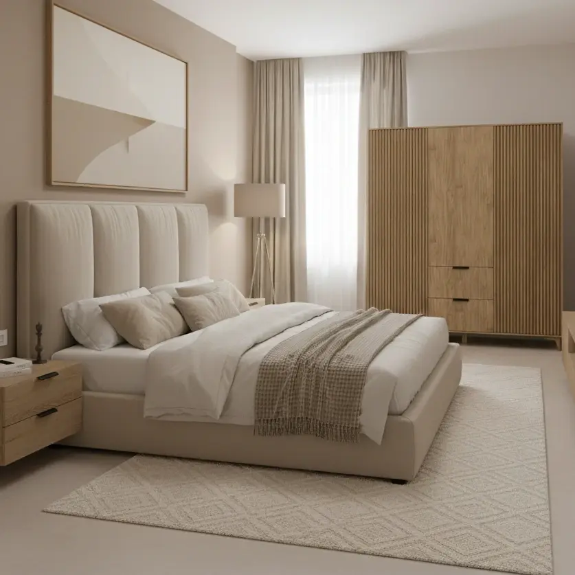 Inspirowana drewnem szafa z lamelami Entsian w beżowej sypialni nowoczesnej z łóżkiem, zasłonami i przytulnym dywanem w naturalnej kolorystyce.