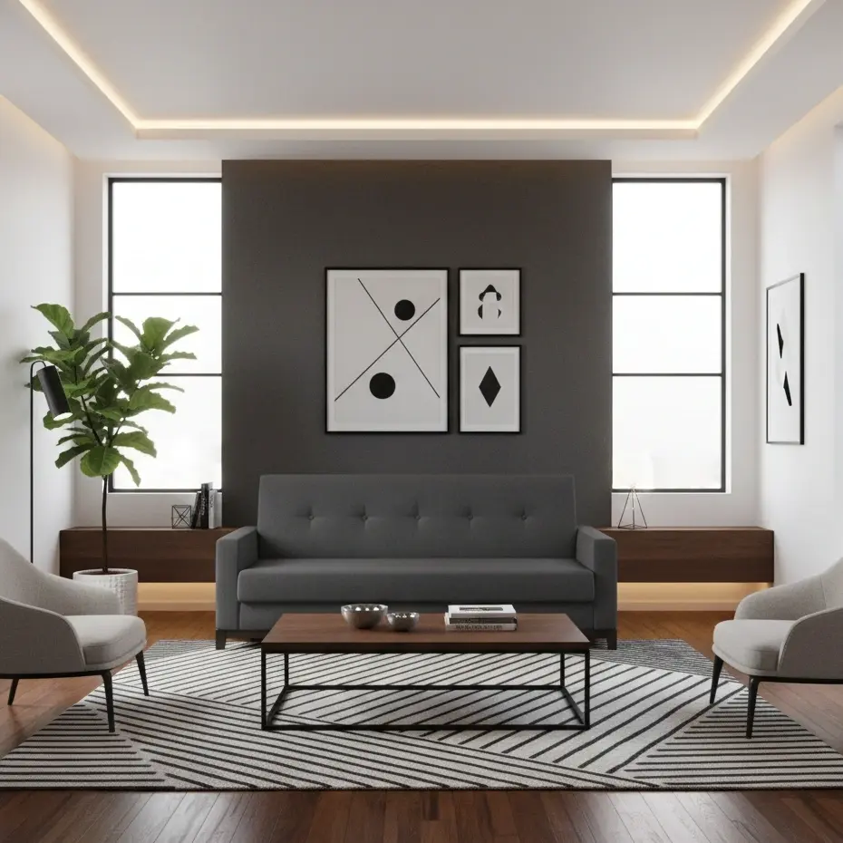 Kanapa Selene w tkaninie Sawana 14 w nowoczesnym salonie z geometrycznym dywanem, dwoma jasnymi fotelami i dużymi oknami.