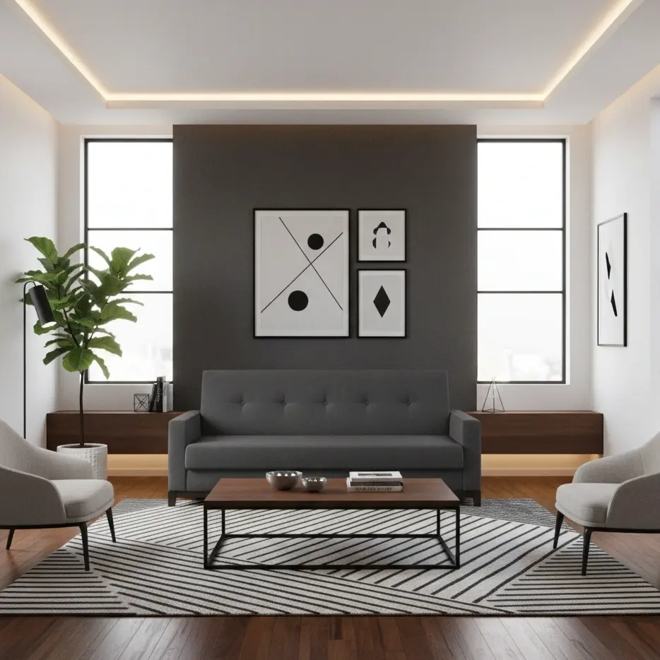 Kanapa Selene w tkaninie Sawana 14 w nowoczesnym salonie z geometrycznym dywanem, dwoma jasnymi fotelami i dużymi oknami.