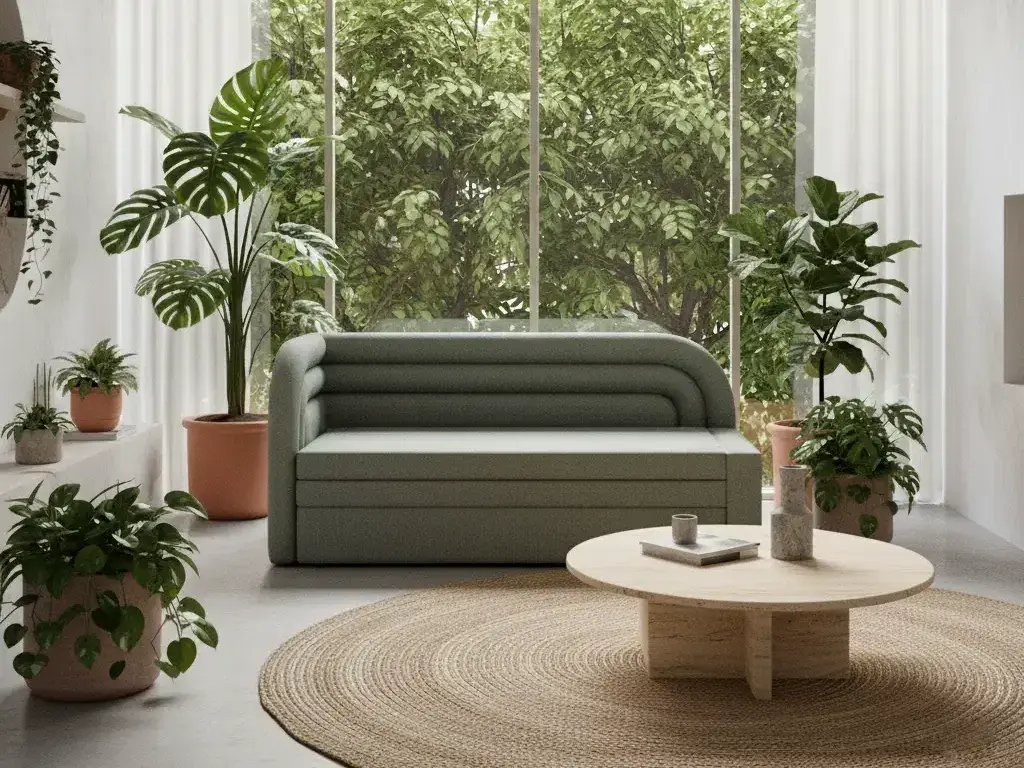 Zielona kanapa Fabillo w wersji lewej ustawiona w jasnym salonie z dużym oknem i widokiem na rośliny. Wnętrze uzupełniają doniczkowe kwiaty, okrągły drewniany stolik kawowy oraz naturalny dywan z plecionki.