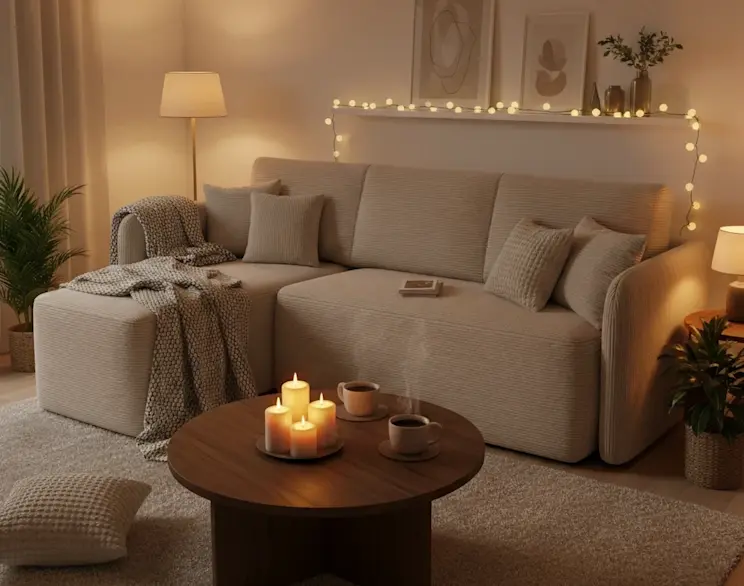 Nowoczesny narożnik Hadson Jarell 18 w jasnym beżowym kolorze z szezlongiem, ustawiony w ciepło oświetlonym salonie. Na stoliku kawowym znajdują się świece i filiżanki, a całość tworzy klimatyczną, domową aranżację.