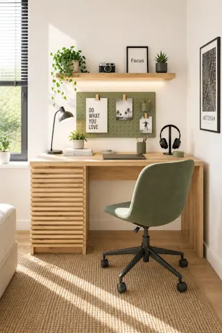 Biurko Bisset w dekorze dąb artisan ustawione w nowoczesnym pokoju nastolatka. Drewniana konstrukcja z dekoracyjnym lamelowym frontem, ergonomiczne krzesło oraz praktyczny organizer ścienny tworzą funkcjonalną przestrzeń do pracy i nauki.