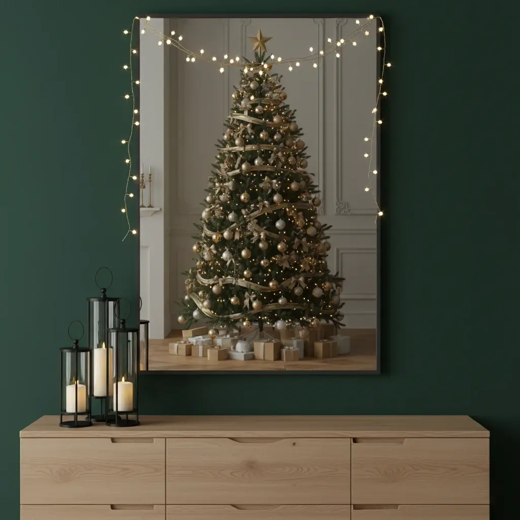 Lustro Tressedi odbijające świąteczną choinkę w eleganckim wnętrzu z ciemnozieloną ścianą i dekoracyjnymi lampionami, tworząc ciepły zimowy klimat.