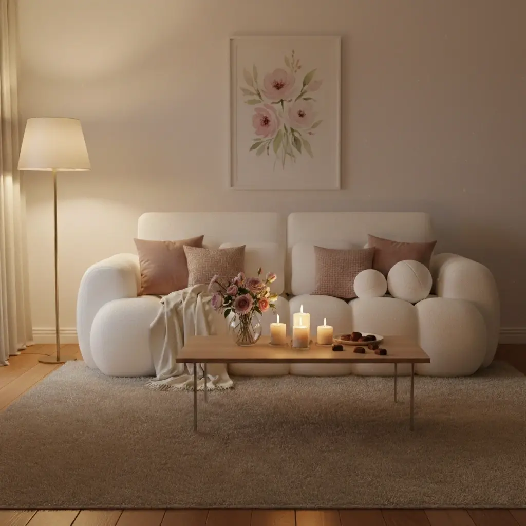 Kremowa kanapa Cotonn w przytulnym salonie z dekoracyjnymi poduszkami, stolikiem kawowym i świecami. Jasna tapicerka podkreśla ciepły, domowy klimat wnętrza.