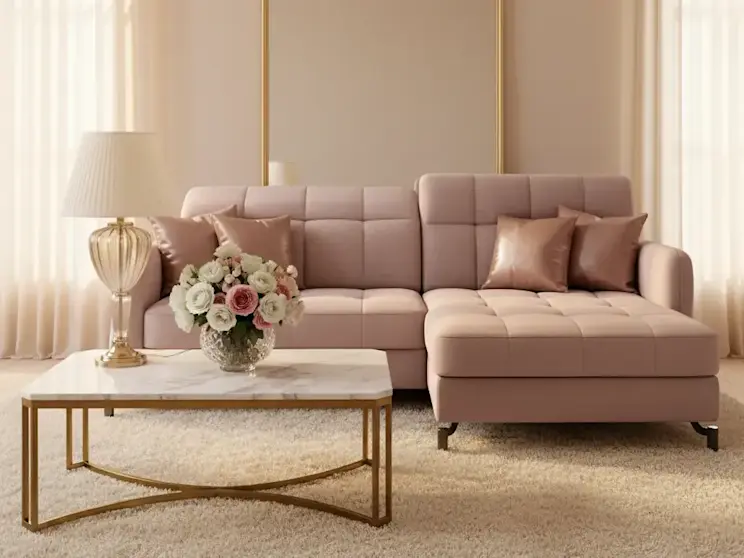 Nowoczesny różowy narożnik Lorelle w tkaninie Omega 91 z szezlongiem w jasnym salonie z dekoracyjnym lustrem, stolikiem kawowym ze złotą podstawą i bukietem kwiatów, tworzący elegancką i przytulną strefę wypoczynku.