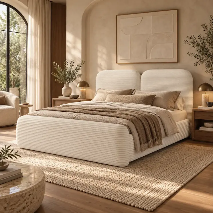 Białe łóżko Ollival Modullo 01 w aranżacji organic modern z naturalnym drewnem, miękkimi formami, roślinami i dodatkami w ciepłych tonach.