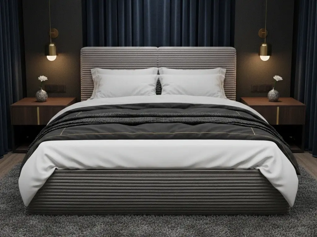 Łóżko Pesillio Modullo 03 w nowoczesnej aranżacji sypialni, ujęcie na wprost. Widać miękką pościel w jasnych barwach, ciemną narzutę i gruby dywan, a symetryczne lampy i szafki nocne budują hotelowy efekt.