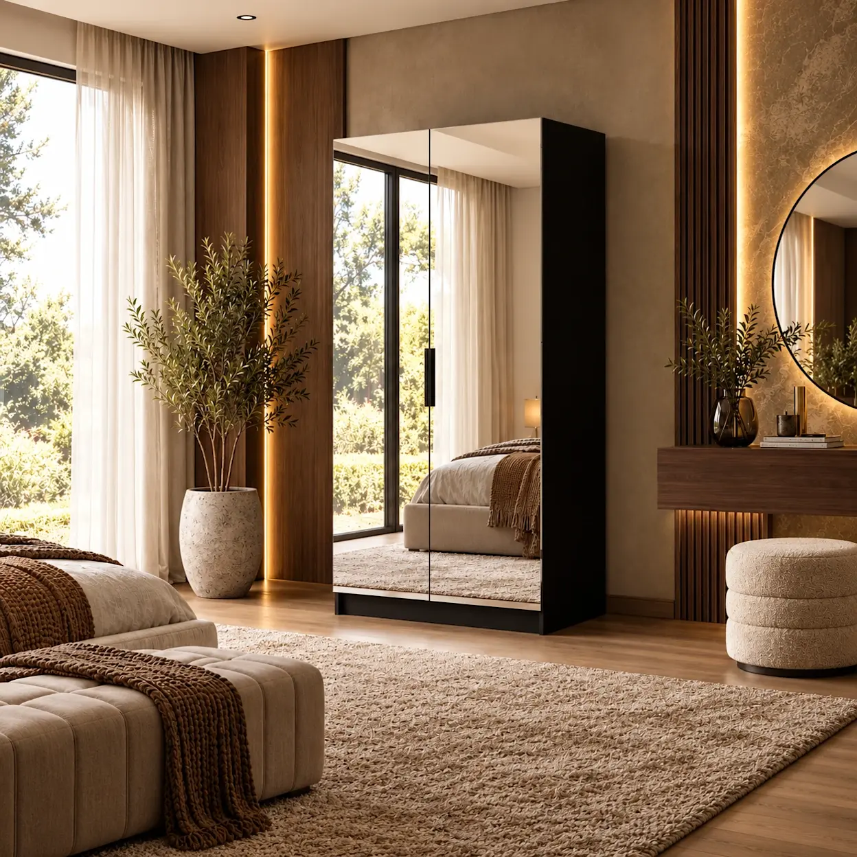 Szafa Mirtillo II z dwoma lustrzanymi frontami w ciepłej sypialni modern luxury z drewnem, beżami, miękkimi tkaninami, roślinami i subtelnym światłem LED.