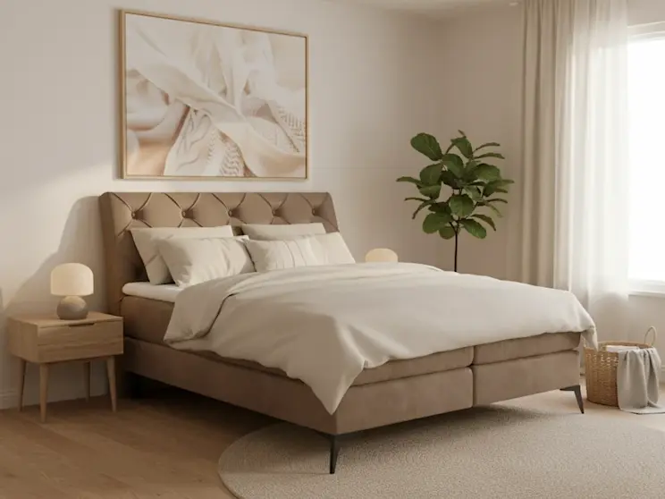 Łóżko kontynentalne Laos Monolith 09 w jasnej sypialni, z tapicerowanym zagłówkiem i elegancką aranżacją.
