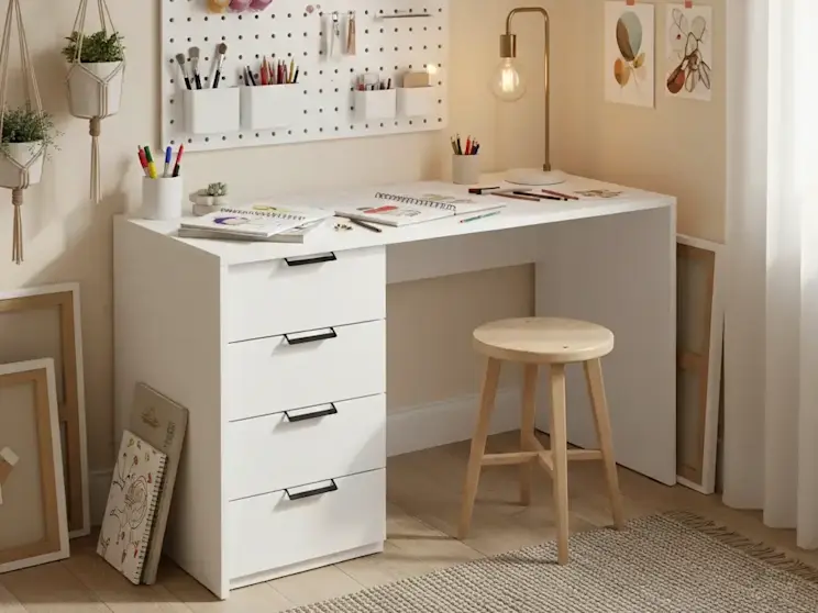 Nowoczesne biurko Barold w kolorze białym z pojemnymi szufladami, ustawione przy ścianie z tablicą organizacyjną na przybory, idealne do pracy, nauki i kreatywnego hobby.