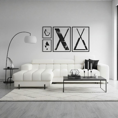 Narożnik Felro w tkaninie Amore 01 w nowoczesnym, monochromatycznym salonie z czarnymi dodatkami, abstrakcyjnymi grafikami i jasnym dywanem.