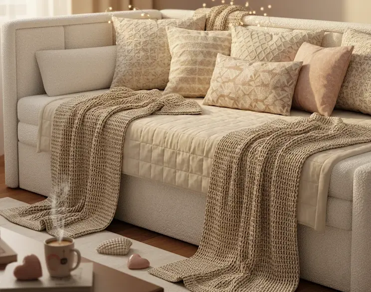 Beżowa kanapa Fulgeo Royal 01 w przytulnym salonie, ozdobiona jasnymi poduszkami i miękkimi pledami. Na siedzisku leży narzuta, a w tle widać delikatne dekoracje, które tworzą ciepły i domowy klimat.