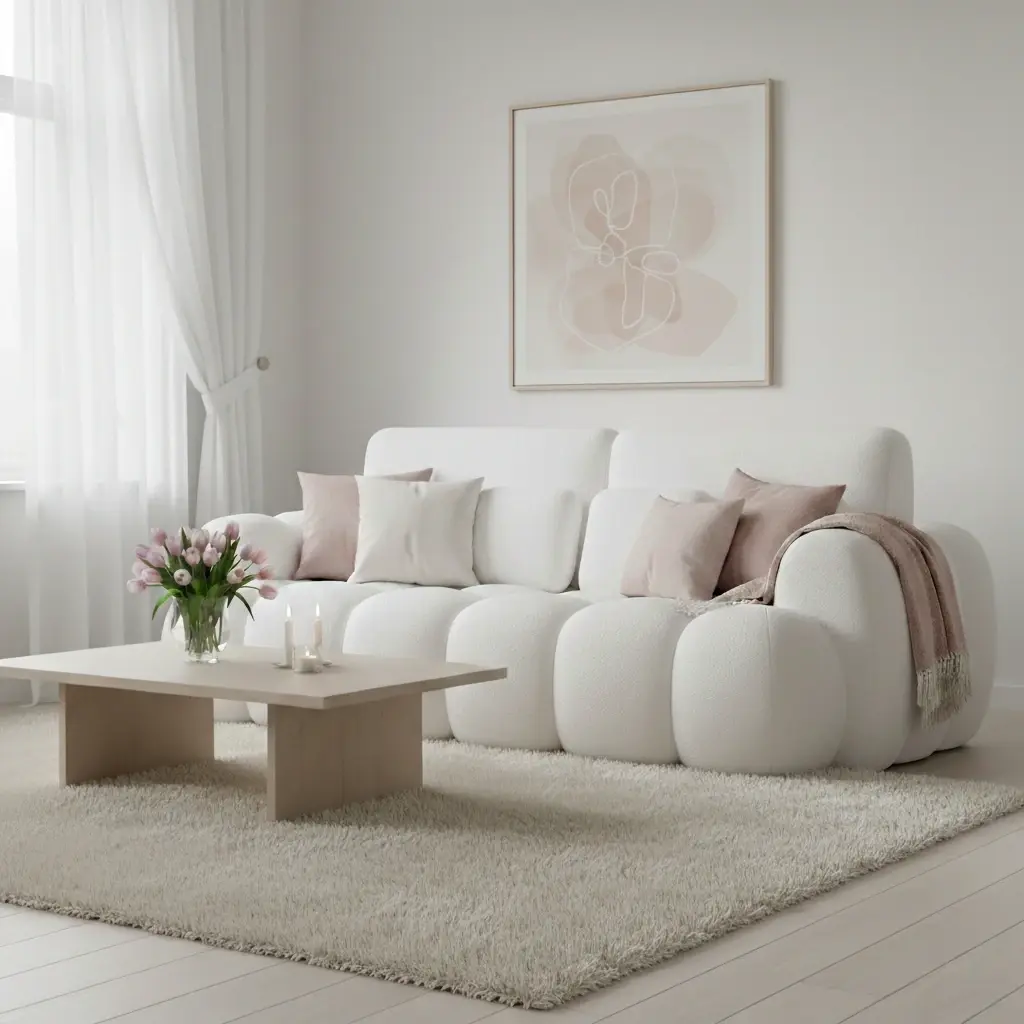 Biała kanapa Cotonn w jasnym salonie z miękkimi poduszkami w odcieniach beżu i różu. Przed kanapą stoi niski stolik kawowy z tulipanami i świecami.