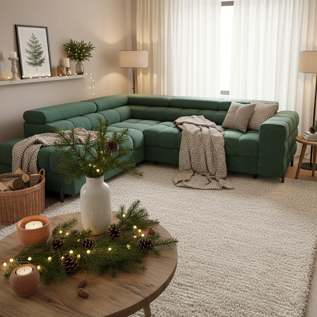 Przytulny salon z zielonym narożnikiem Ferucce Amore 35 i świątecznymi dekoracjami, tworzący ciepłą atmosferę pełną rodzinnego nastroju.