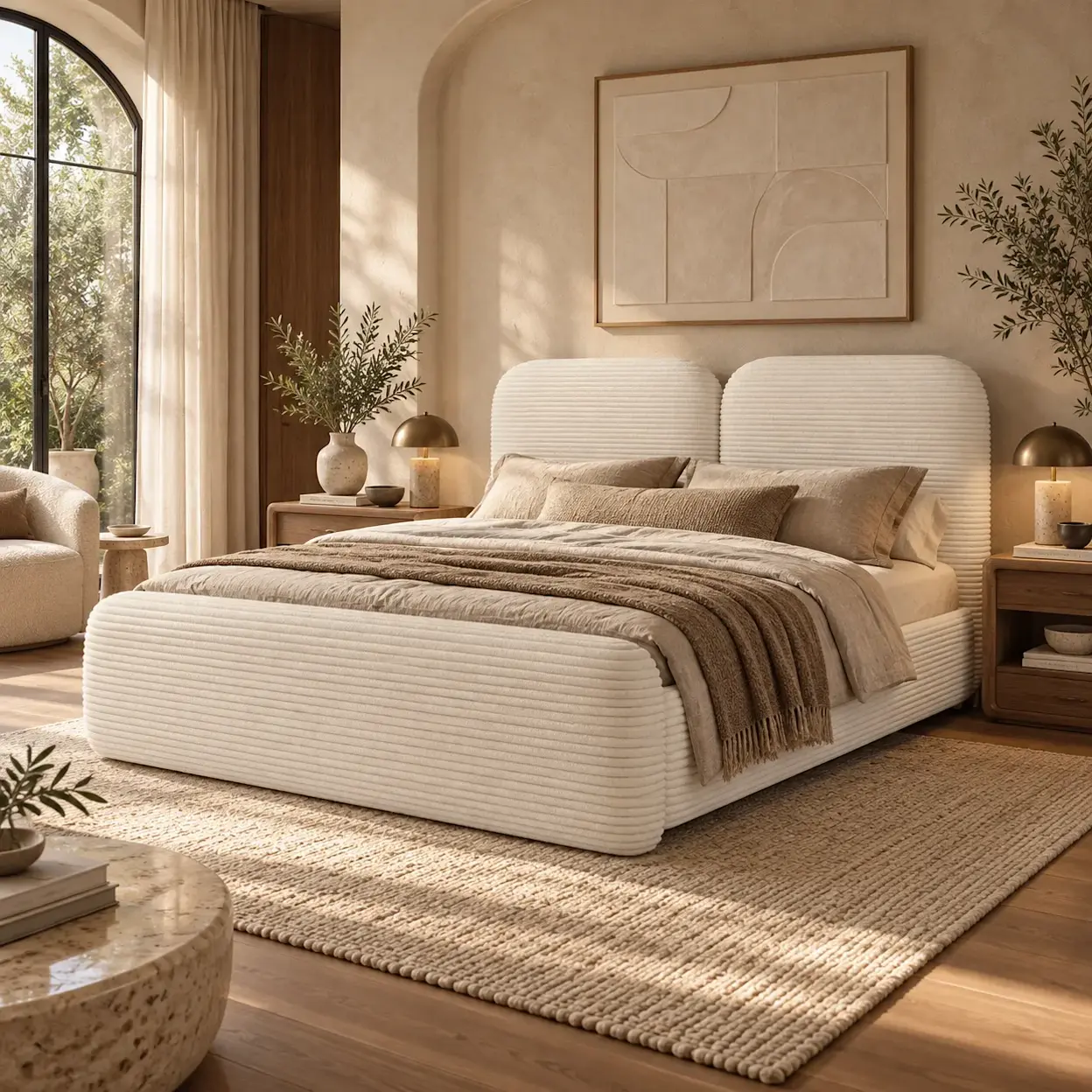 Białe łóżko Ollival Modullo 01 w aranżacji organic modern z naturalnym drewnem, miękkimi formami, roślinami i dodatkami w ciepłych tonach.