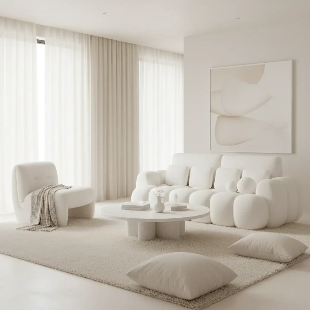 Biała sofa Cotonn w tkaninie Paolli 01, zaprezentowana w jasnym, minimalistycznym salonie z miękkimi dodatkami i naturalnym światłem.