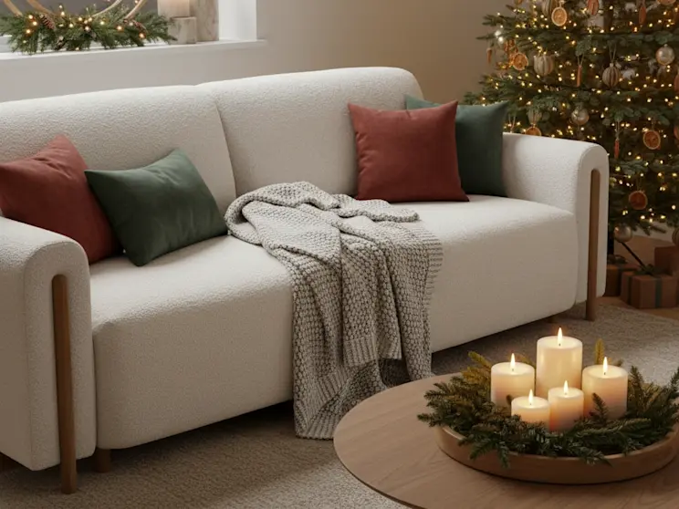 Kanapa Arcadova Jaffray 18 w jasnym salonie udekorowanym na święta, z choinką, świecami i kolorowymi poduszkami tworzącymi ciepły klimat.