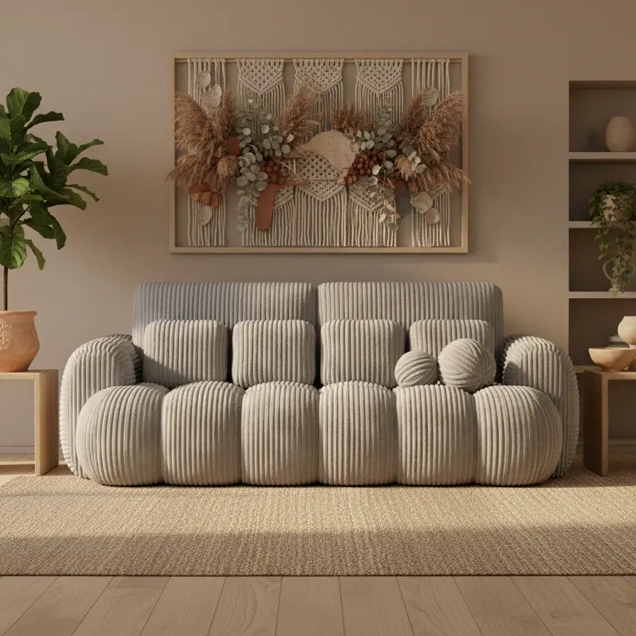 Kanapa Cotonn w tkaninie Modullo 03 w ciepłej aranżacji boho z dekoracją z trawy pampasowej, naturalnym dywanem i drewnianymi dodatkami.