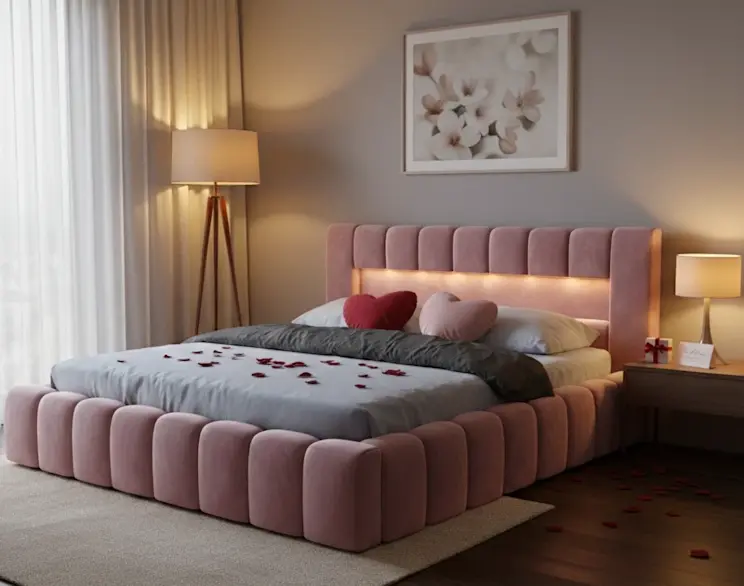 Różowe łóżko tapicerowane Lamica Monolith 63 z wbudowanym oświetleniem LED w zagłówku. W sypialni panuje przytulny klimat, a na pościeli leżą dekoracyjne poduszki w kształcie serc i płatki róż.
