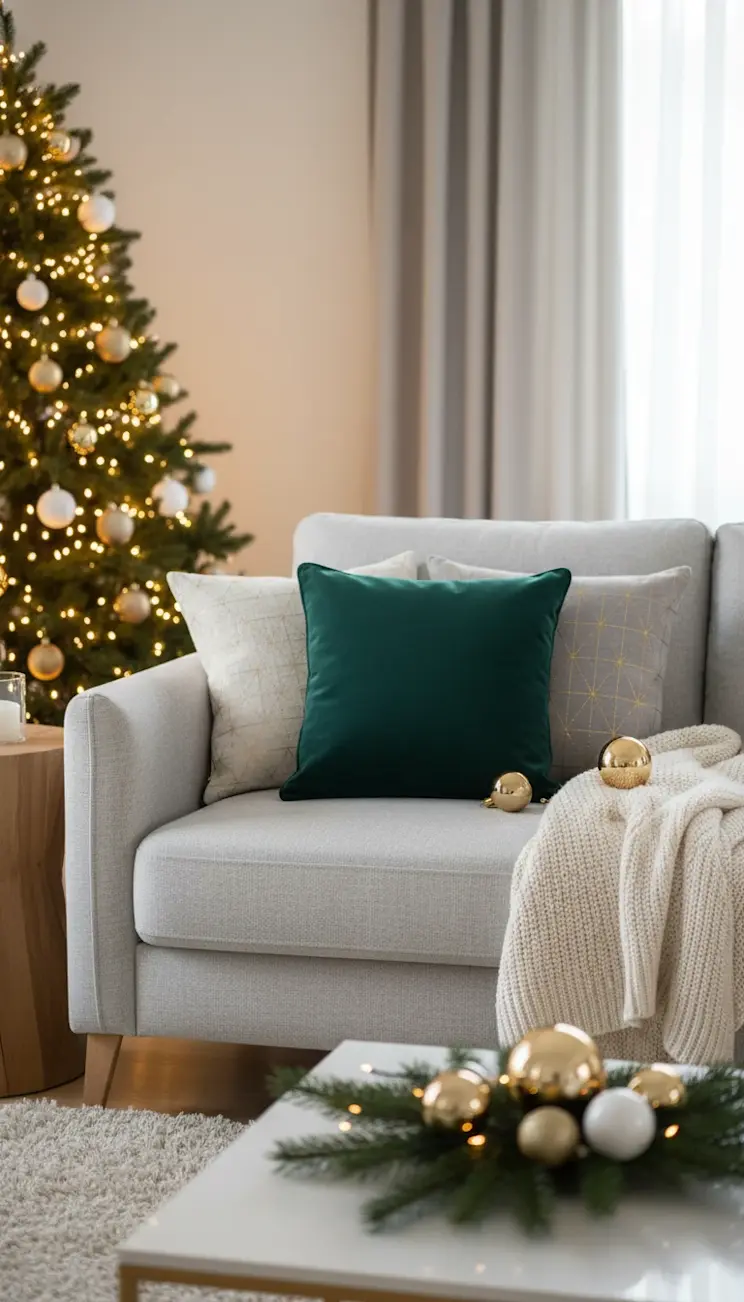 Stylowa poduszka ELTAP w świątecznej aranżacji salonu, z choinką pełną świateł i złotymi dekoracjami, dodająca wnętrzu elegancji i przytulności.