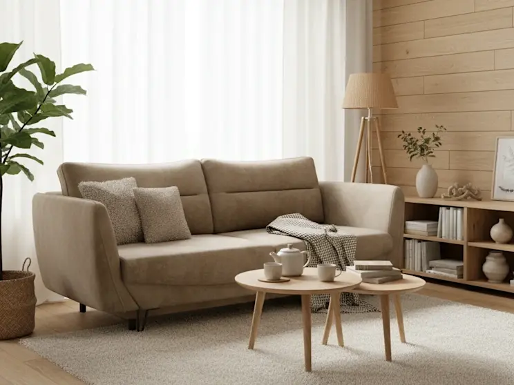 Beżowa kanapa Silva w tkaninie Nube 20, ustawiona w jasnym i przytulnym salonie z drewnianą ścianą, stolikami kawowymi i miękkim dywanem.