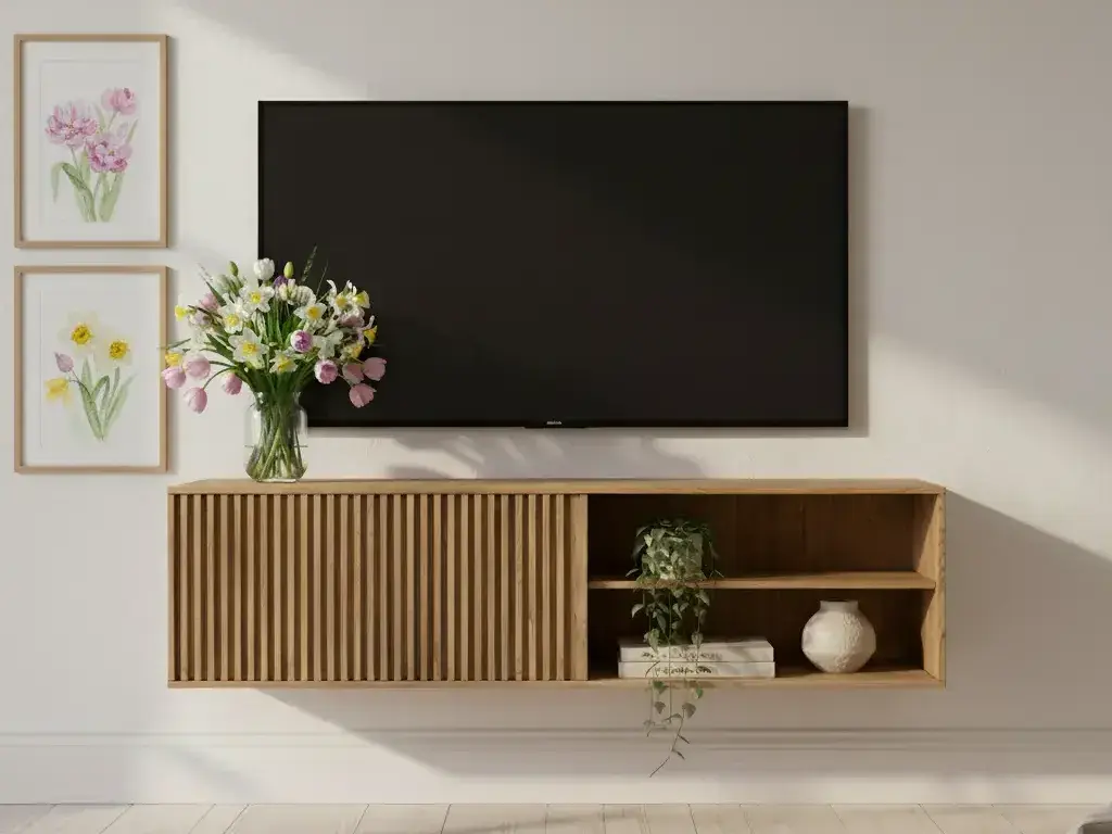 Szafka pod telewizor Entsian z lamelowym frontem i otwartą przestrzenią na sprzęt RTV, w aranżacji salonu z jasną ścianą, kwiatami i dekoracyjnymi grafikami na ścianie.