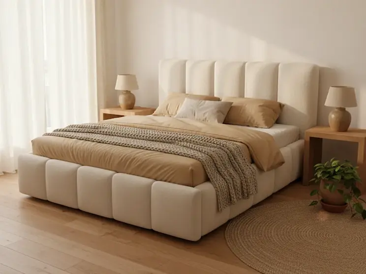 Łóżko Edvige Soft 17 w odcieniu jasnej kremowej bieli to elegancki mebel do sypialni z wysokim zagłówkiem i miękką strukturą, który zapewnia komfort snu oraz harmonijny wygląd wnętrza.