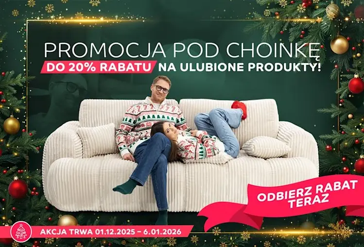 Świąteczna grafika promocyjna ELTAP z kanapą Cotonn Modullo 01 i informacją o rabacie do 20% na wybrane produkty, w otoczeniu dekoracji.