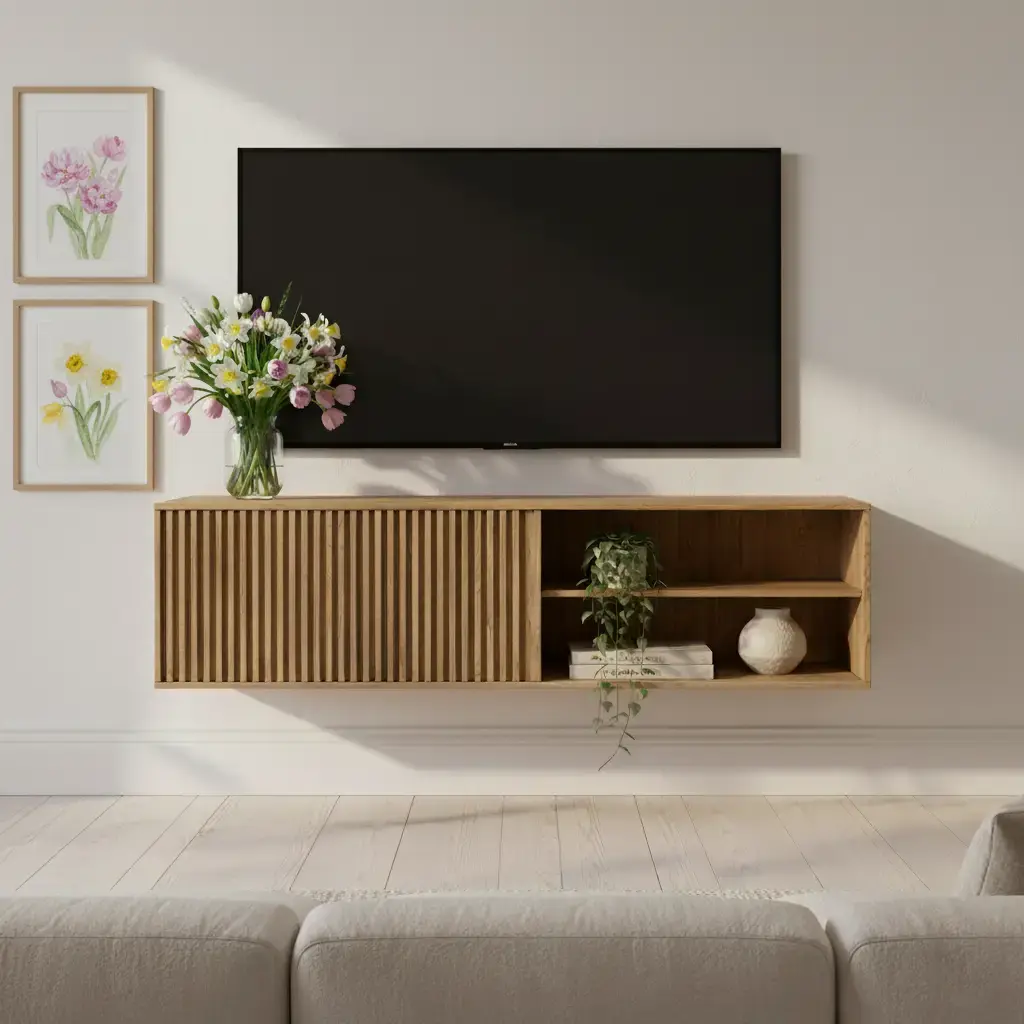 Nowoczesna szafka RTV Entsian w naturalnym odcieniu drewna z lamelowym frontem i półkami na sprzęt audio oraz dekoracje, ustawiona pod telewizorem w eleganckim salonie.