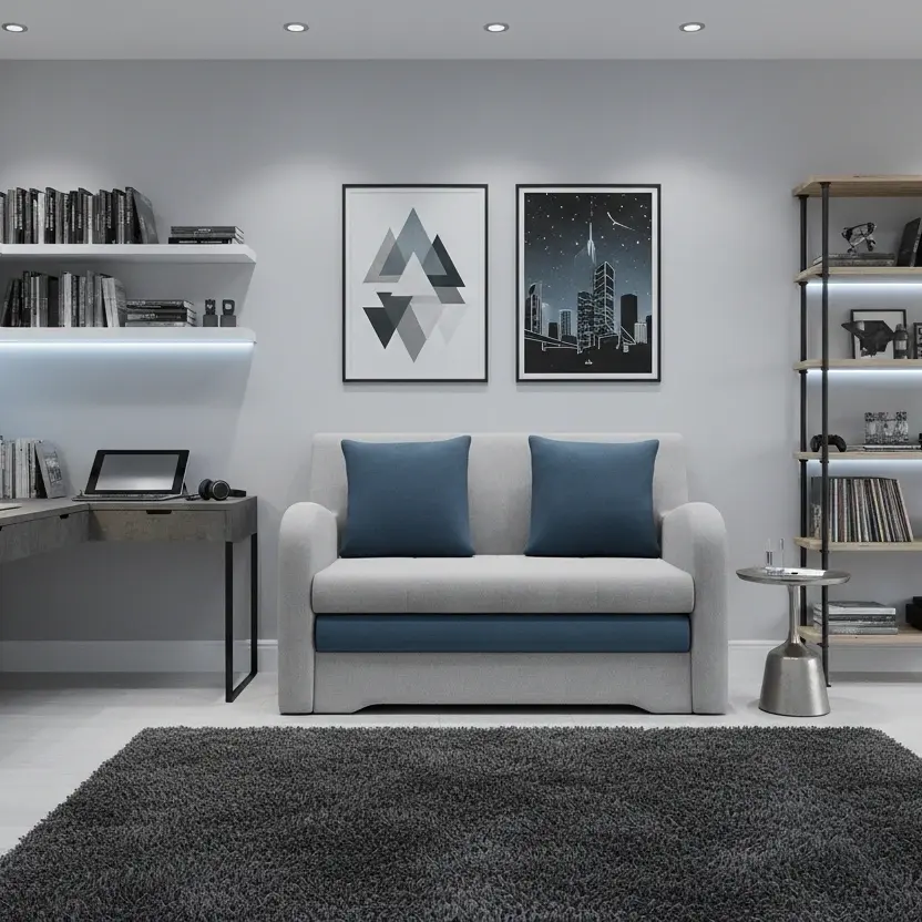 Kanapa Ario w tkaninie Nube 03 i Monolith 76 w nowoczesnym, jasnym pokoju młodzieżowym dla chłopca z biurkiem, półkami i stonowaną dekoracją na ścianie.